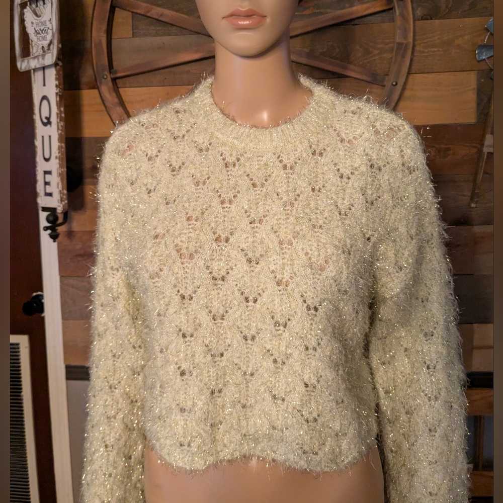 Zara Pale Green w/ Yellow & Black Metallic Threads Cropped Sweater - Picture 2 of 13